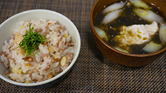 牛とショウガの炊き込みご飯・ネギと豆腐の磯辺汁