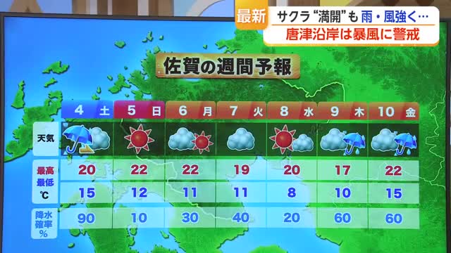 ４日「雨風ともに強まって荒れた天気」5日は「お花見日和」【佐賀】